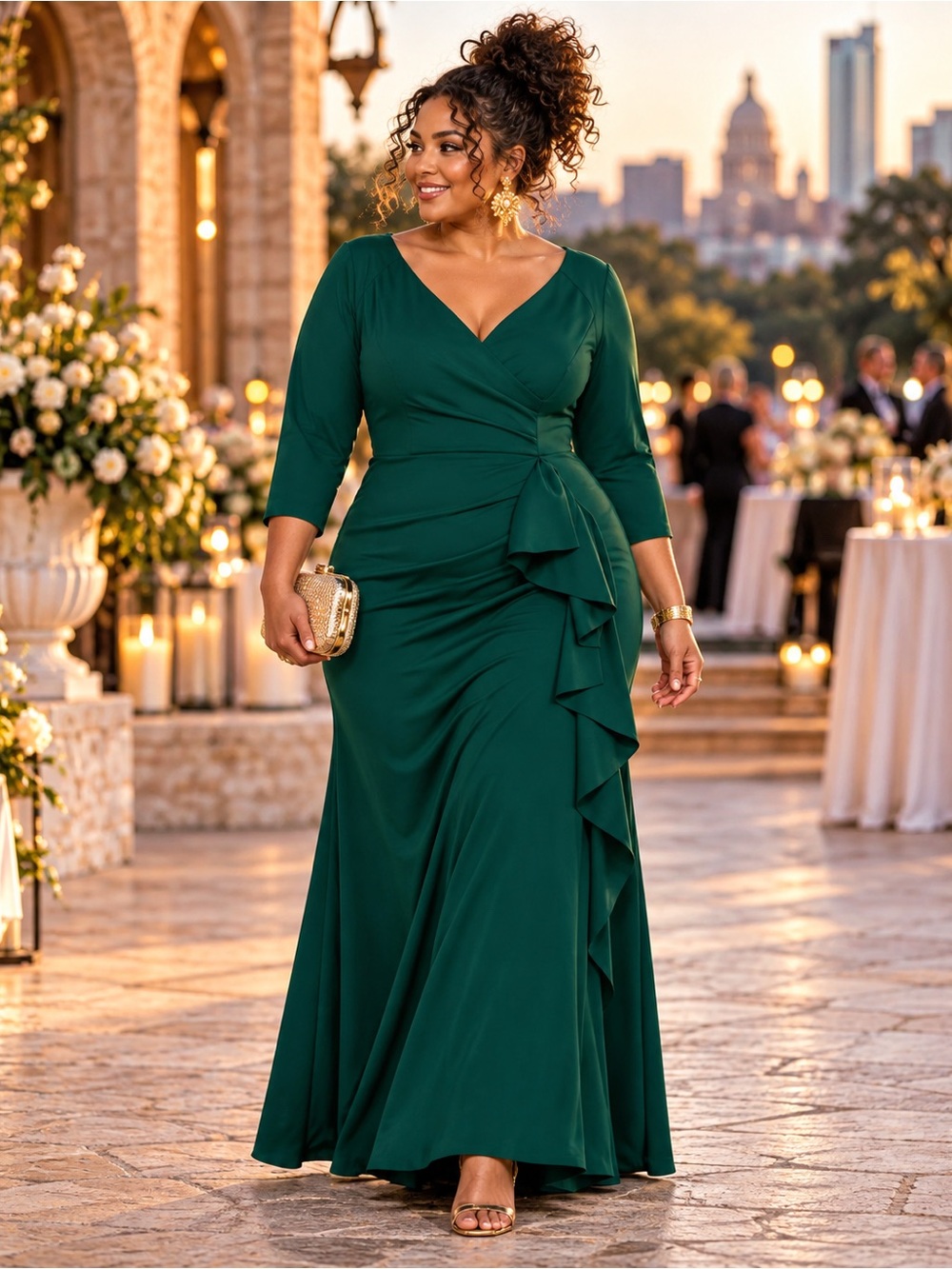 NWT Xscape Emerald Green Side Ruffle Techno Scuba Gown 22W | Formal Gala Evening